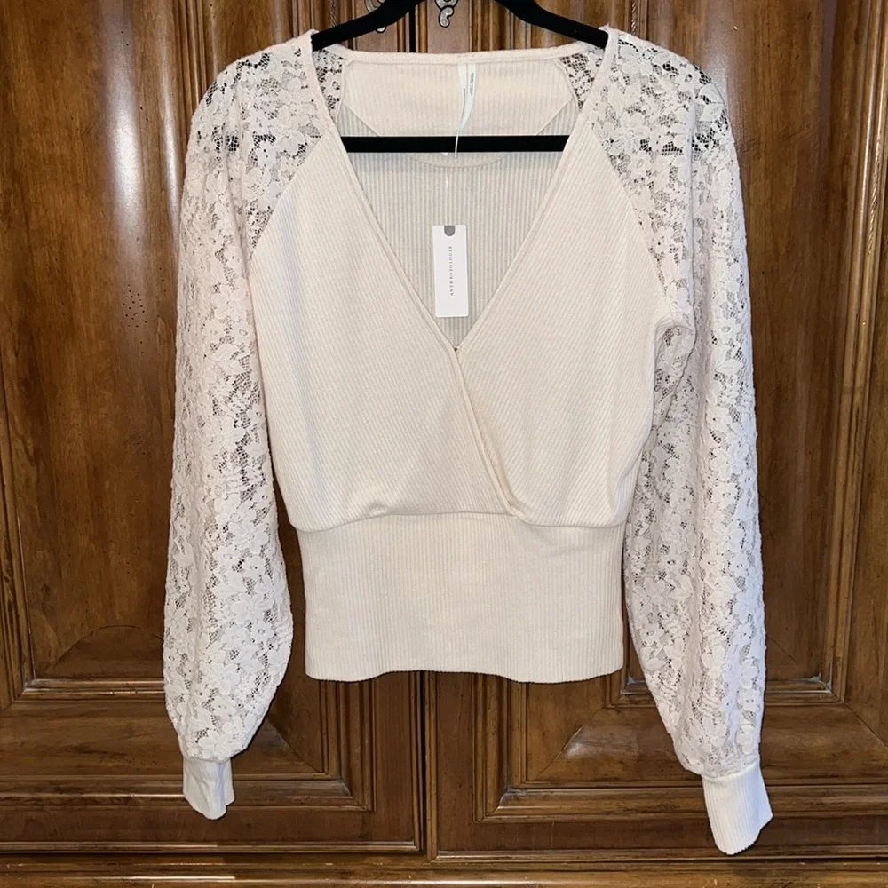 Anthropologie Lace Sleeve Ribbed Long Sleeve Top - Picture 3 of 10